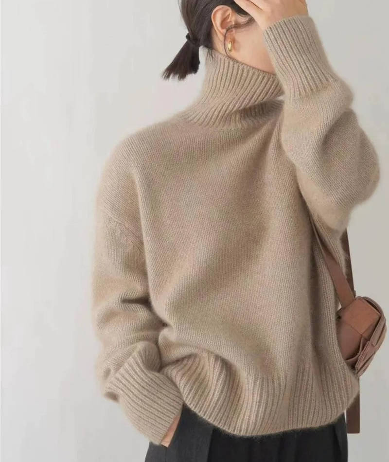 Suéter de Cachemira para Mujer con Cuello Alto Suave y Acogedor, Corte Relajado, Cálido, Casual, Elegante, Invierno – Beige