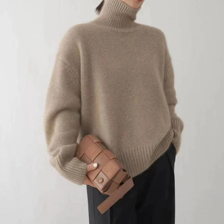 Suéter de Cachemira para Mujer con Cuello Alto Suave y Acogedor, Corte Relajado, Cálido, Casual, Elegante, Invierno – Beige