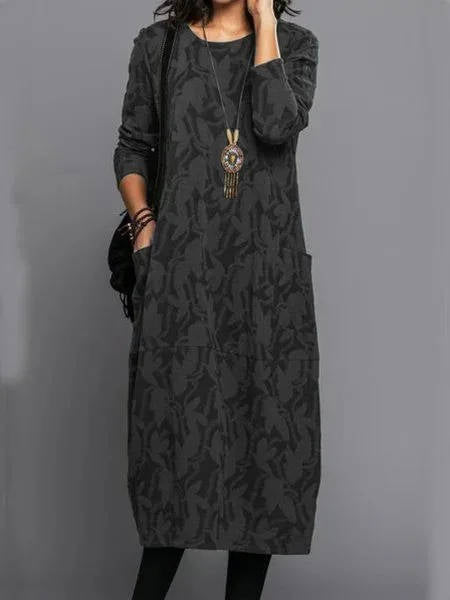 Vestido Midi de Manga Larga con Bolsillos Casual de Verano Impreso Cómodo para el Día a Día