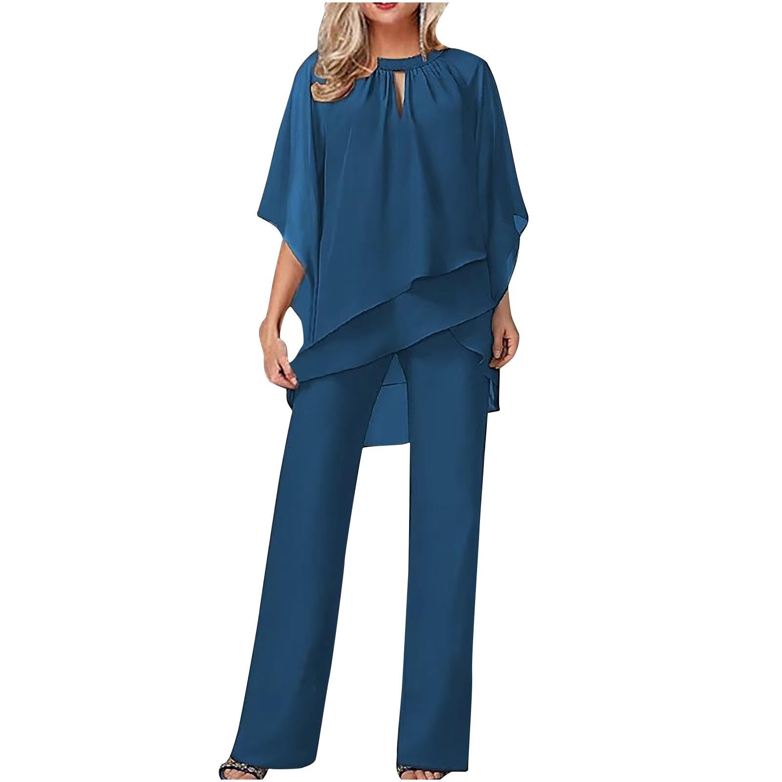 Conjunto de Pantalón Chiffon Elegante Formal Femenino con Parte Superior y Pantalones de Pierna Ancha para Eventos Festivos