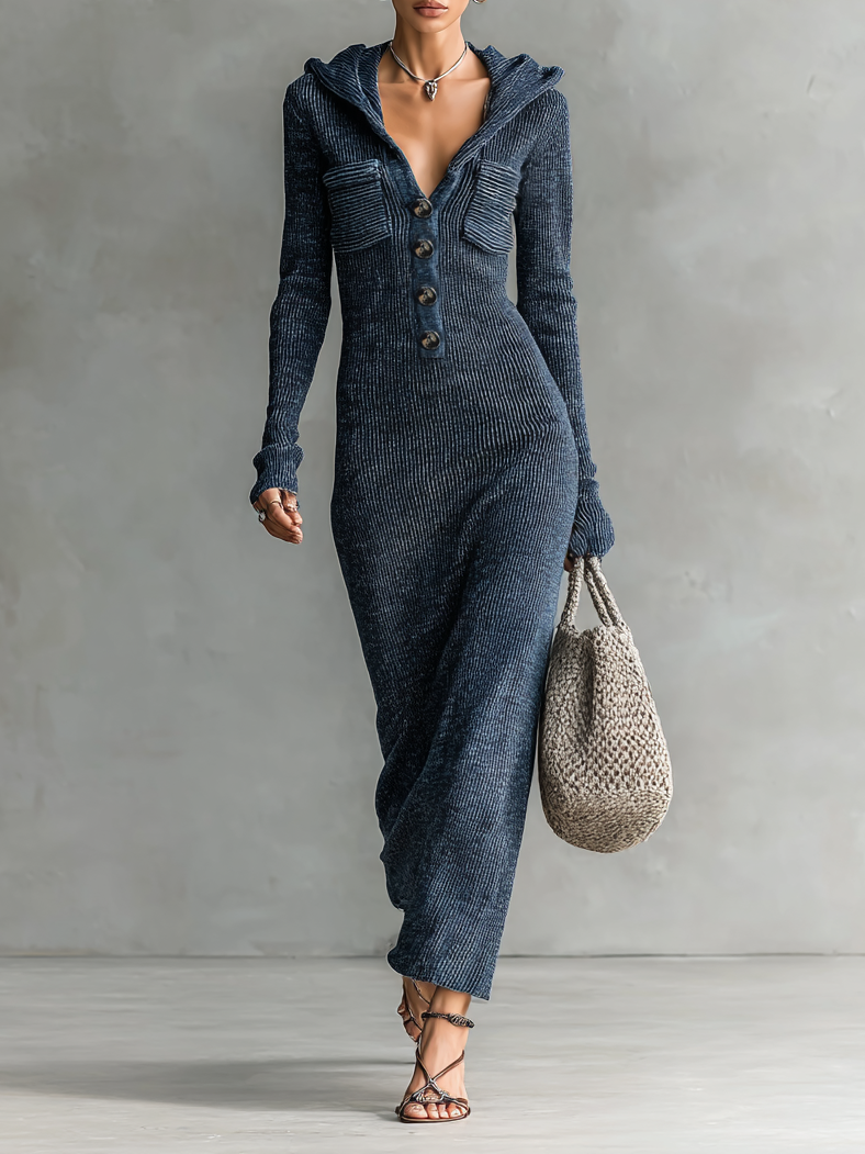 Vestido Largo Casual de Punto con Capucha Ajustado para Mujeres de Manga Larga Acogedor Chic para el Día a Día – Marino