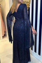 Vestido Largo de Manga Larga con Escote en V y Lentejuelas para Mujeres, A-Line, Formal, Prom, Gala, Invitada de Boda, Noche de Alfombra Roja – Seraphina