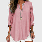 Camisa de Playa Elegante y Fluida para Mujeres con Cuello en V y Manga Larga, Ajuste Relajado, Casual de Verano – Lenara