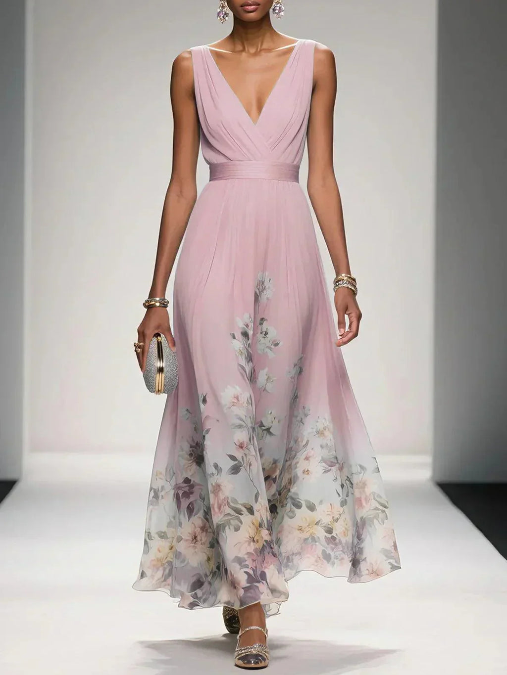 Vestido Largo Floral para Invitadas de Boda Femenino Fluido Romántico Elegante