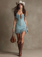 Vestido Mini Sin Mangas de Ante Sintético con Flecos Retro Western para Mujeres – Azul Claro