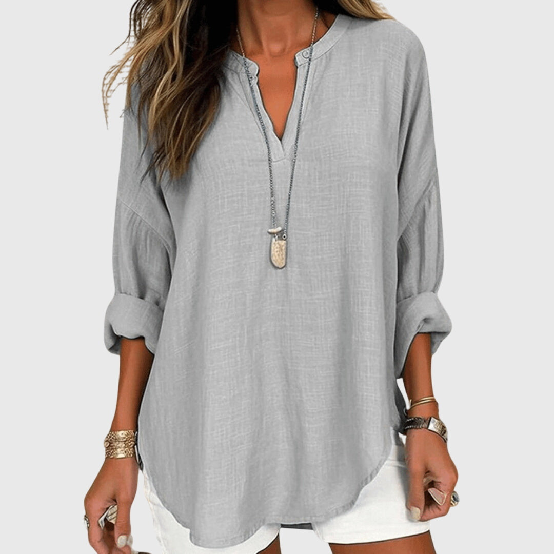 Camisa de Playa Elegante y Fluida para Mujeres con Cuello en V y Manga Larga, Ajuste Relajado, Casual de Verano – Lenara