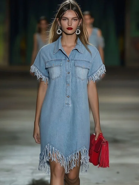 Vestido Mini Camisa de Mezclilla Vintage para Mujeres con Mangas Cortas, Flecos de Borlas, Cuello de Solapa, Casual, Verano, Playa – Azul Claro, Corte Suelto
