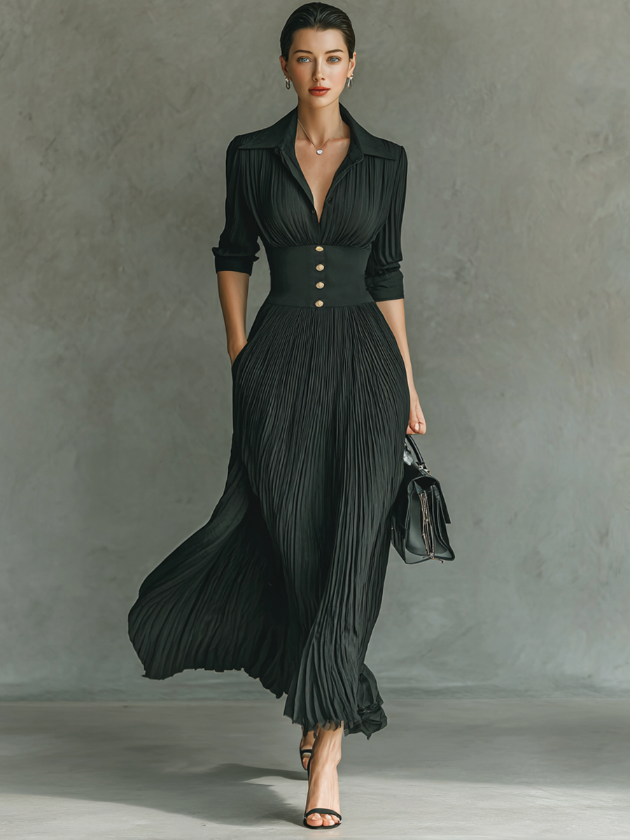 Vestido Largo Plisado de Color Sólido para Mujer con Solapa y Cinturón – Negro