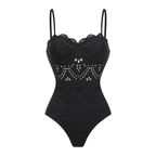 Conjunto de Traje de Baño de Una Pieza Negro con Corte Láser y Falda Larga con Escote en V para Vacaciones en la Playa, Resort, Fiesta en la Piscina y Crucero – Negro