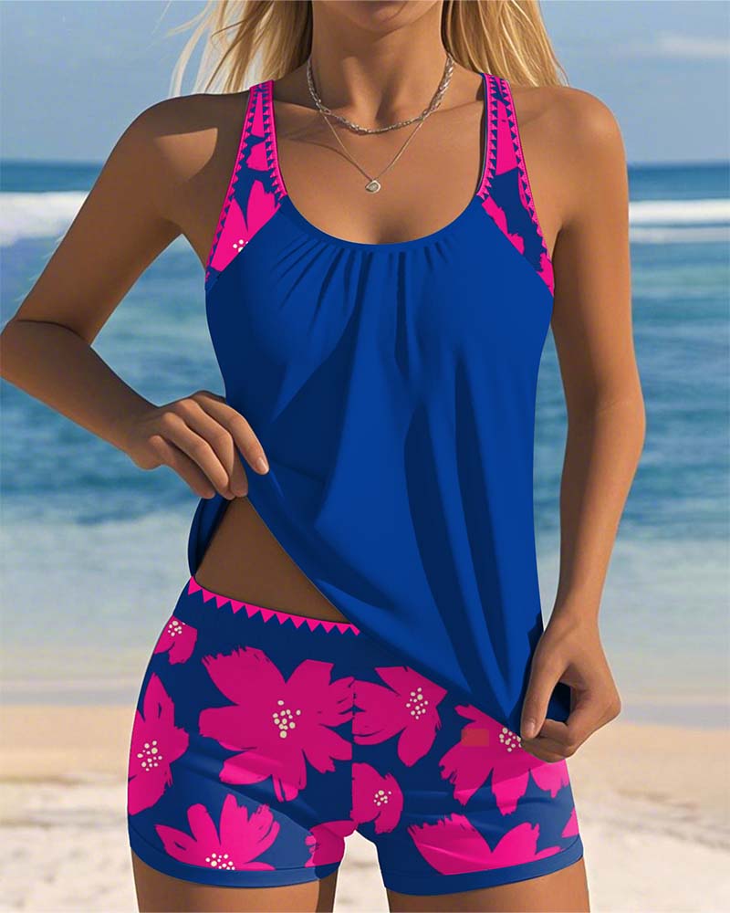 Conjunto de Tankini Sin Mangas con Escote en U para Mujeres, Pantalones Cortos de Boxer Florales, Playa, Piscina, Vacaciones, Resort, Verano Activo – Paradiso