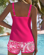 Conjunto de Tankini Sin Mangas de Dos Piezas Impresas para Mujeres con Cuello Redondo y Espalda Descubierta – Fucsia