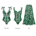 Conjunto de traje de baño de una pieza con escote en V, cordones y falda larga impresa para mujeres – Verde Floral
