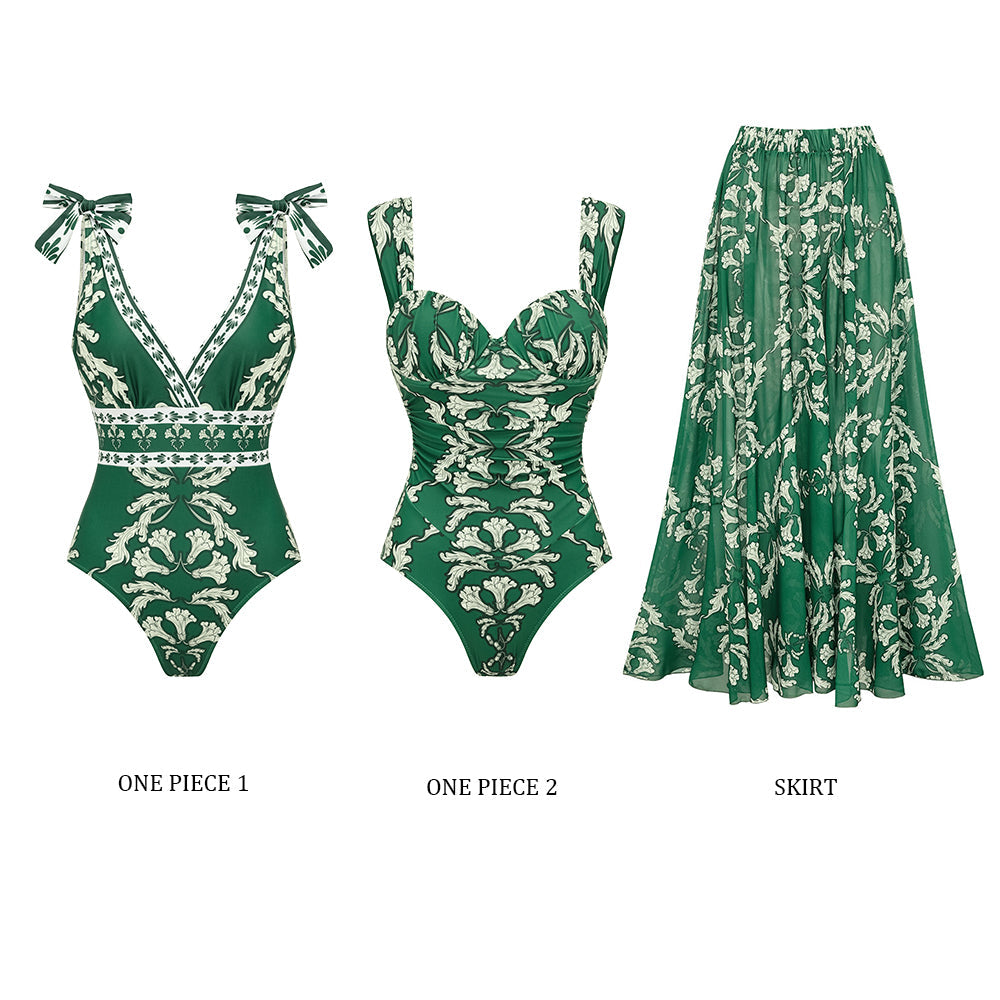 Conjunto de traje de baño de una pieza con escote en V, cordones y falda larga impresa para mujeres – Verde Floral