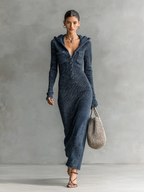 Vestido Largo Casual de Punto con Capucha Ajustado para Mujeres de Manga Larga Acogedor Chic para el Día a Día – Marino