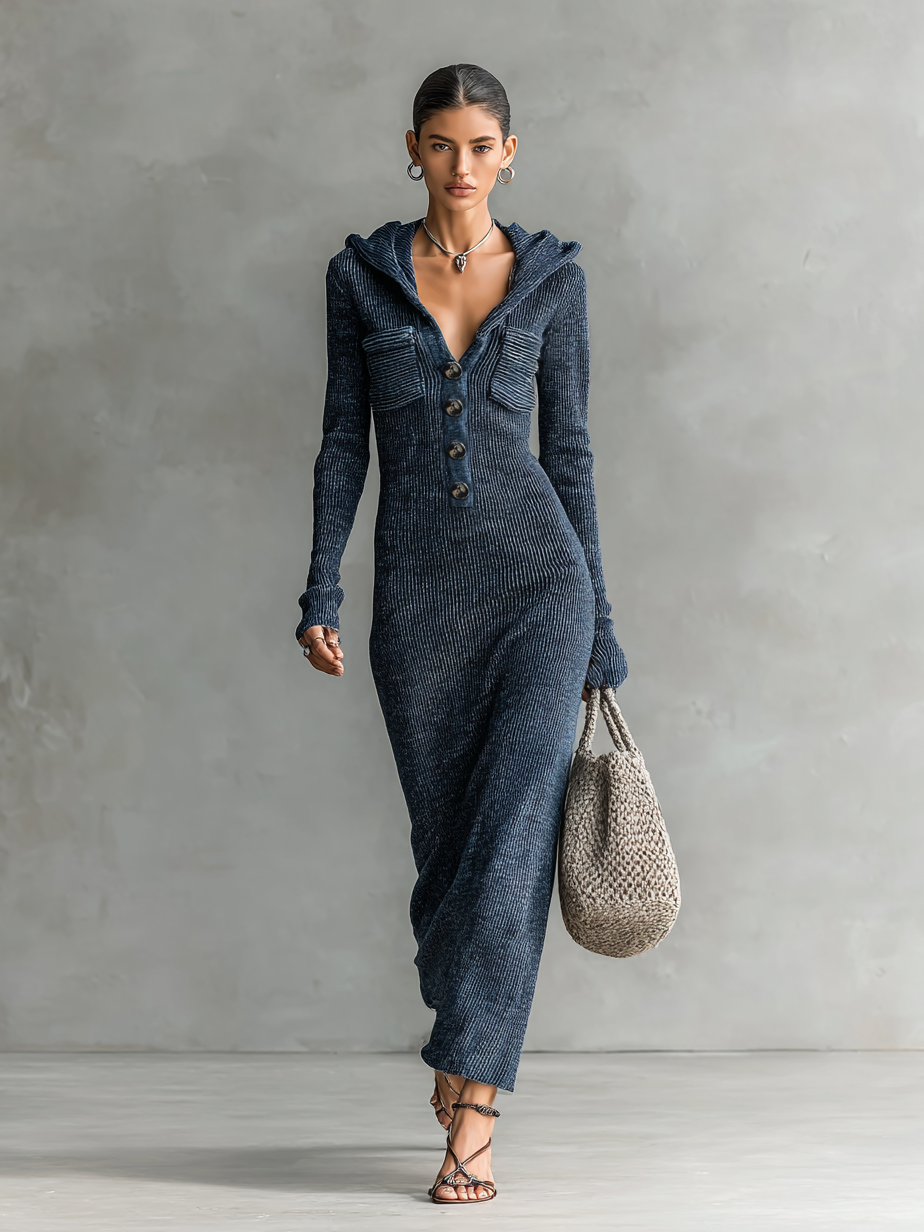 Vestido Largo Casual de Punto con Capucha Ajustado para Mujeres de Manga Larga Acogedor Chic para el Día a Día – Marino
