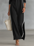 Vestido Largo Casual Minimalista de Verano para Mujer con Cuello Abotonado y Detalles en Blanco – Negro