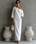Vestido Largo Elegante de Una Sola Manga para Mujer de Algodón y Lino, Fluido, Formal, para Fiestas y Bodas – Blanco Marfil