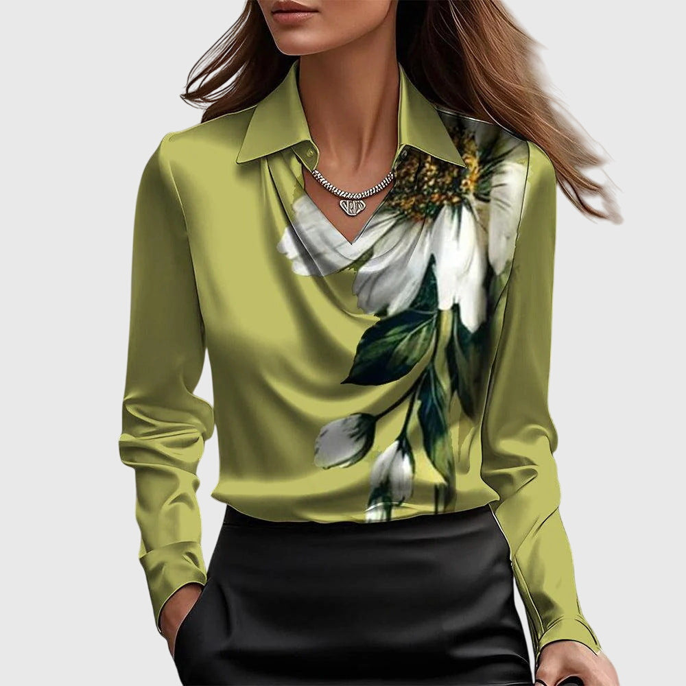 Blusa de Satén Elegante para Mujeres con Cuello de Cowl y Manga Larga, Brillo Lujoso, Ajuste Fluido, Casual Chic – Brooklyn