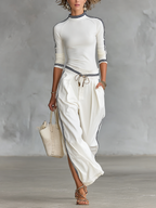 Conjunto Deportivo de Dos Piezas para Mujeres con Top de Cuello Medio Alto y Pantalones Anchos con Cuerda – Blanco