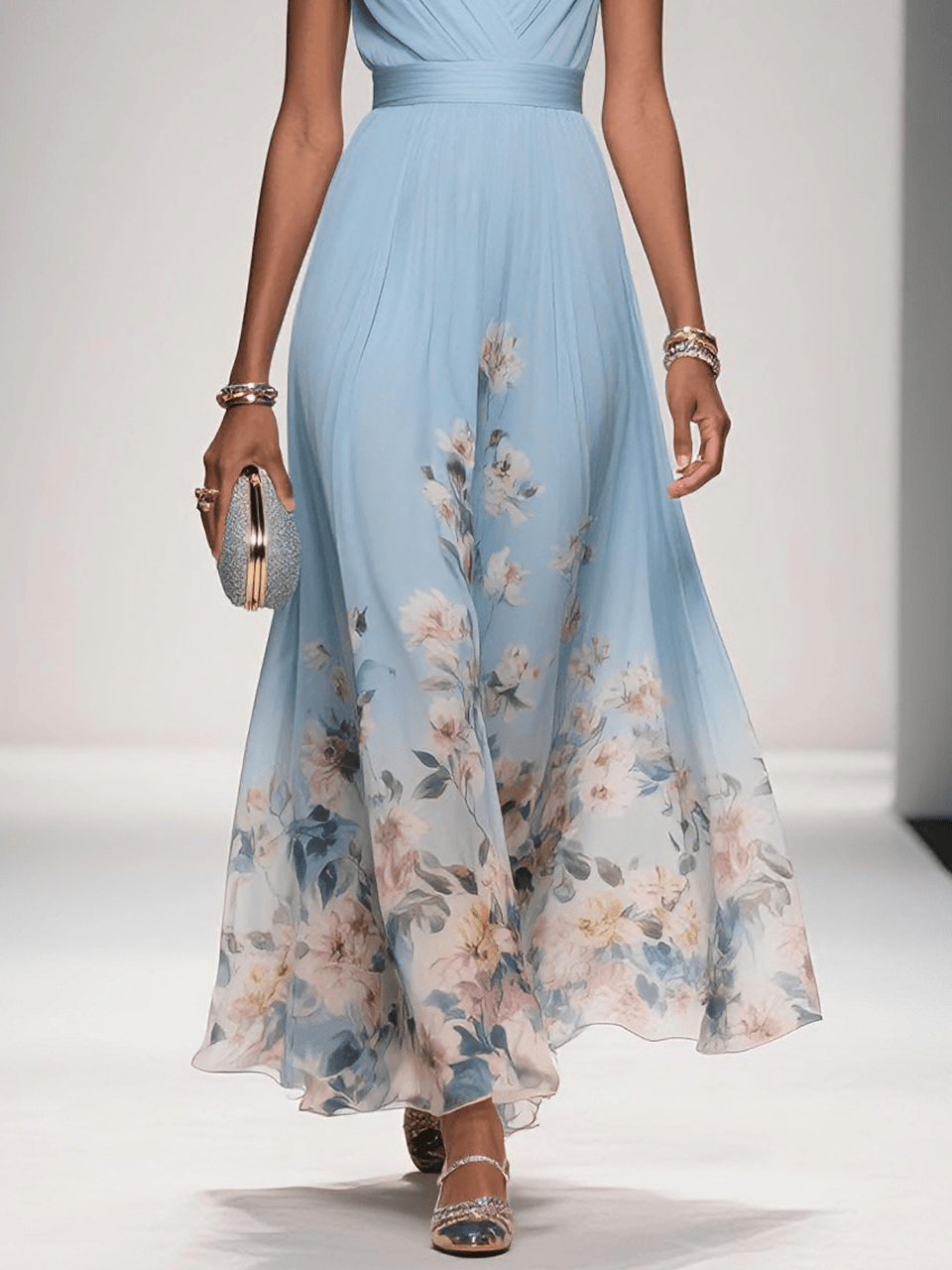 Vestido Largo Floral para Invitadas de Boda Femenino Fluido Romántico Elegante