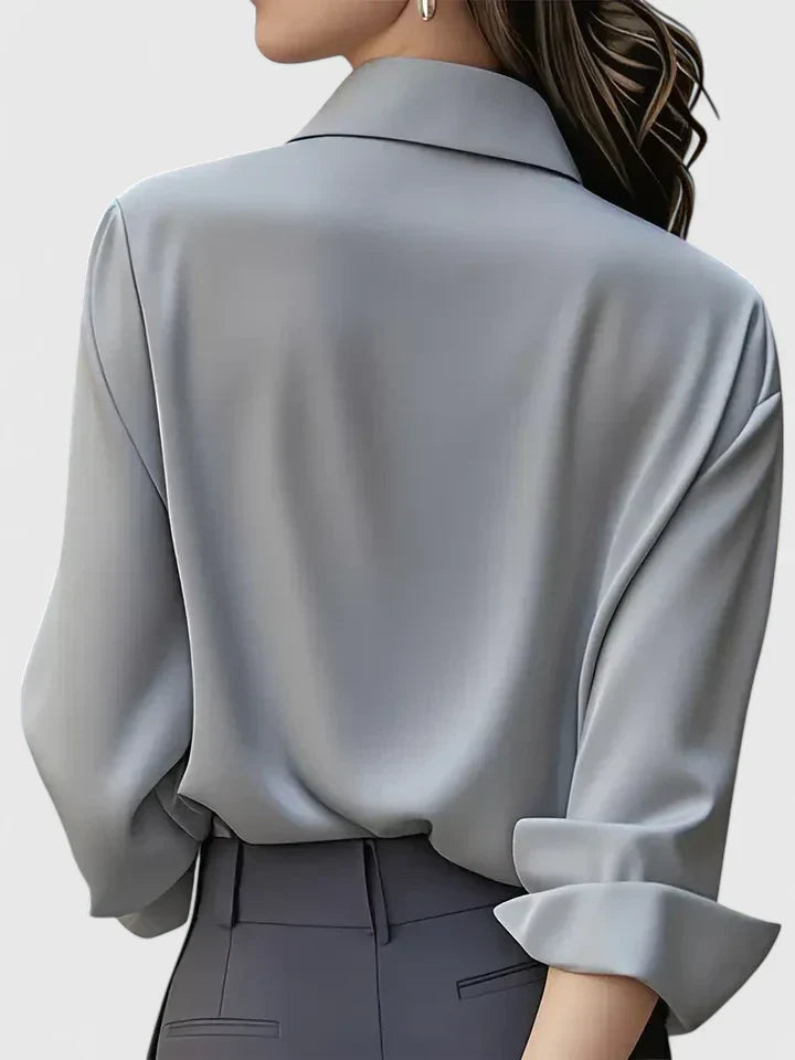 Blusa Elegante de Cuello Abotonado para Mujeres de Manga Larga, Ajuste Relajado, Casual y Chic – Melvaya