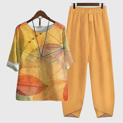 Conjunto Casual de Dos Piezas para Mujeres, Top de Manga Corta Impreso y Pantalones de Pierna Ancha, Cómodo para el Día a Día – Alessia