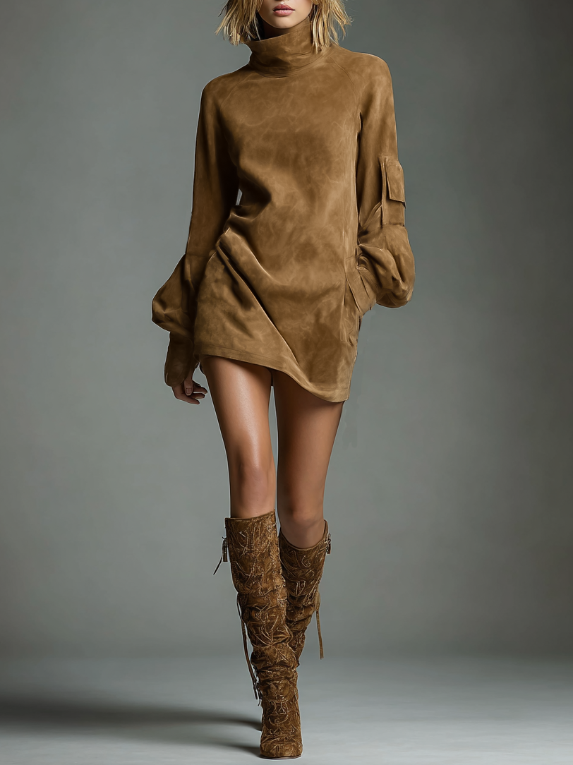 Vestido Mini de Fiesta Vintage de Suede para Mujeres con Cuello Alto y Manga Larga, Corte Suelto, Casual, Retro – Marrón