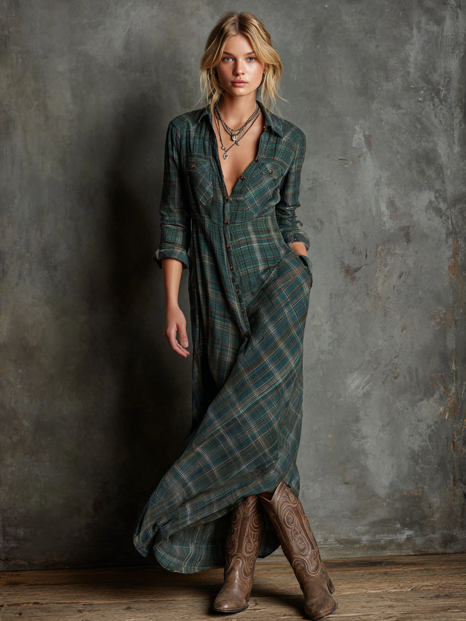 Vestido Largo de Camisa de Cuadros con Solapa para Mujer de Manga Larga - Tartán Verde