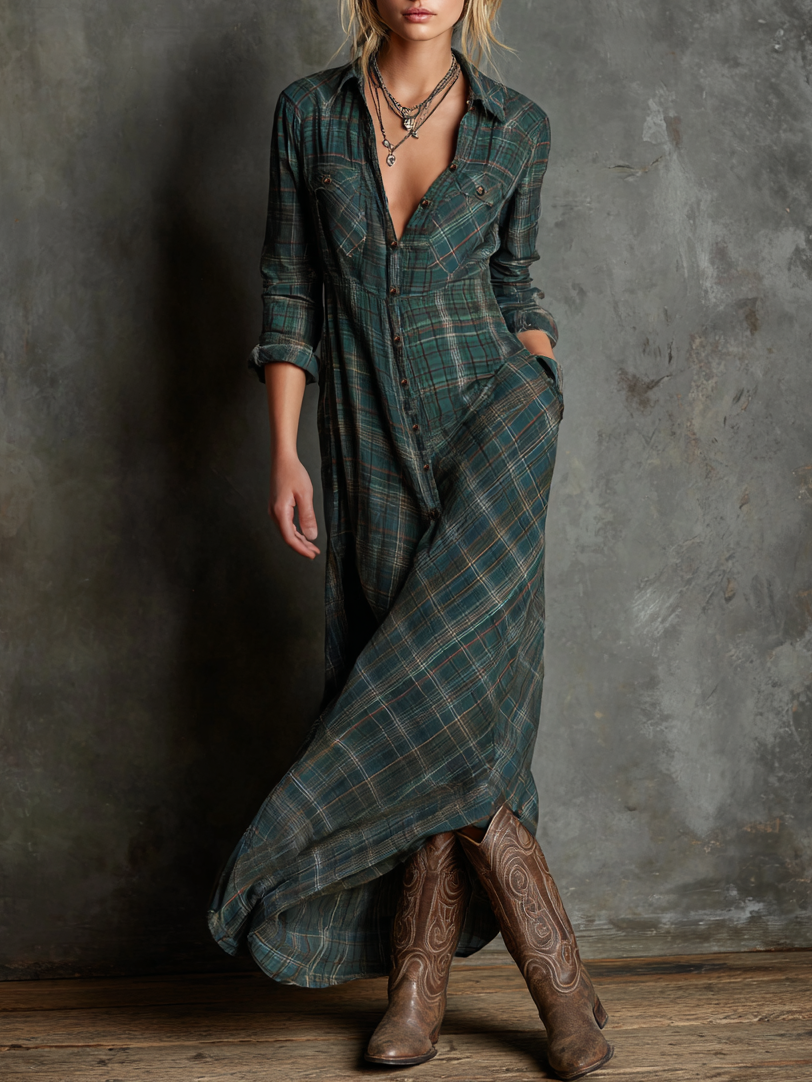 Vestido Largo de Camisa de Cuadros con Solapa para Mujer de Manga Larga - Tartán Verde