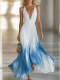 Vestido Largo Plisado Elegante para Mujer Chiffon con Escote en V para Invitadas de Boda Fiesta Formal de Verano – Degradado Azul Blanco