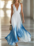 Vestido Largo Plisado Elegante para Mujer Chiffon con Escote en V para Invitadas de Boda Fiesta Formal de Verano – Degradado Azul Blanco