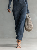 Vestido Largo Casual de Punto con Capucha Ajustado para Mujeres de Manga Larga Acogedor Chic para el Día a Día – Marino