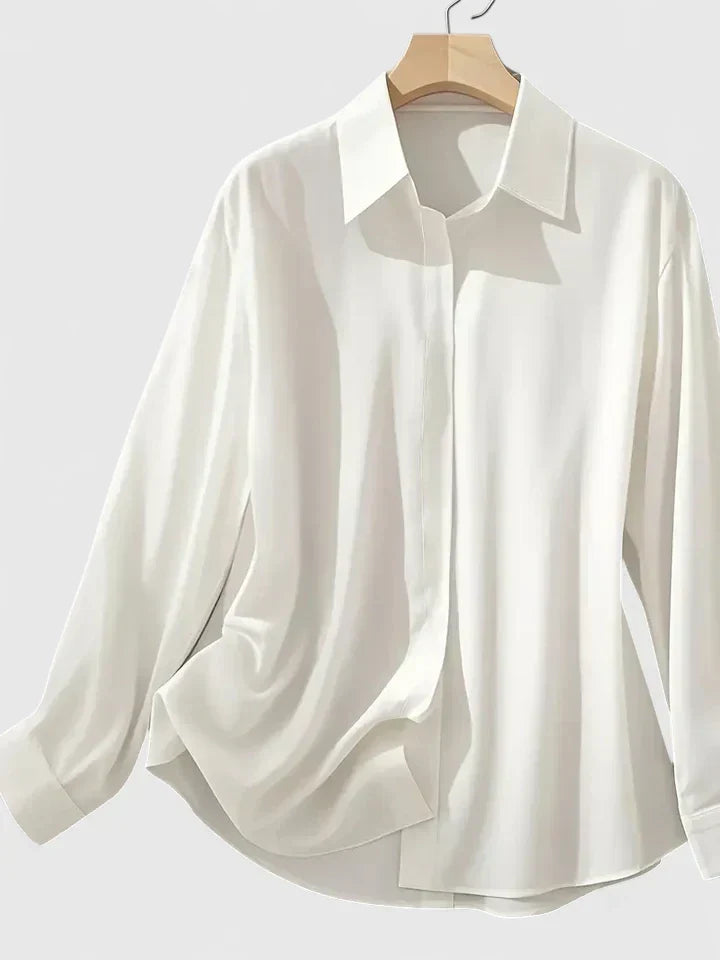 Blusa Elegante de Cuello Abotonado para Mujeres de Manga Larga, Ajuste Relajado, Casual y Chic – Melvaya