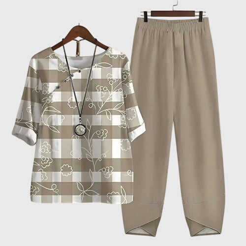 Conjunto Casual de Dos Piezas para Mujeres, Top de Manga Corta Impreso y Pantalones de Pierna Ancha, Cómodo para el Día a Día – Alessia