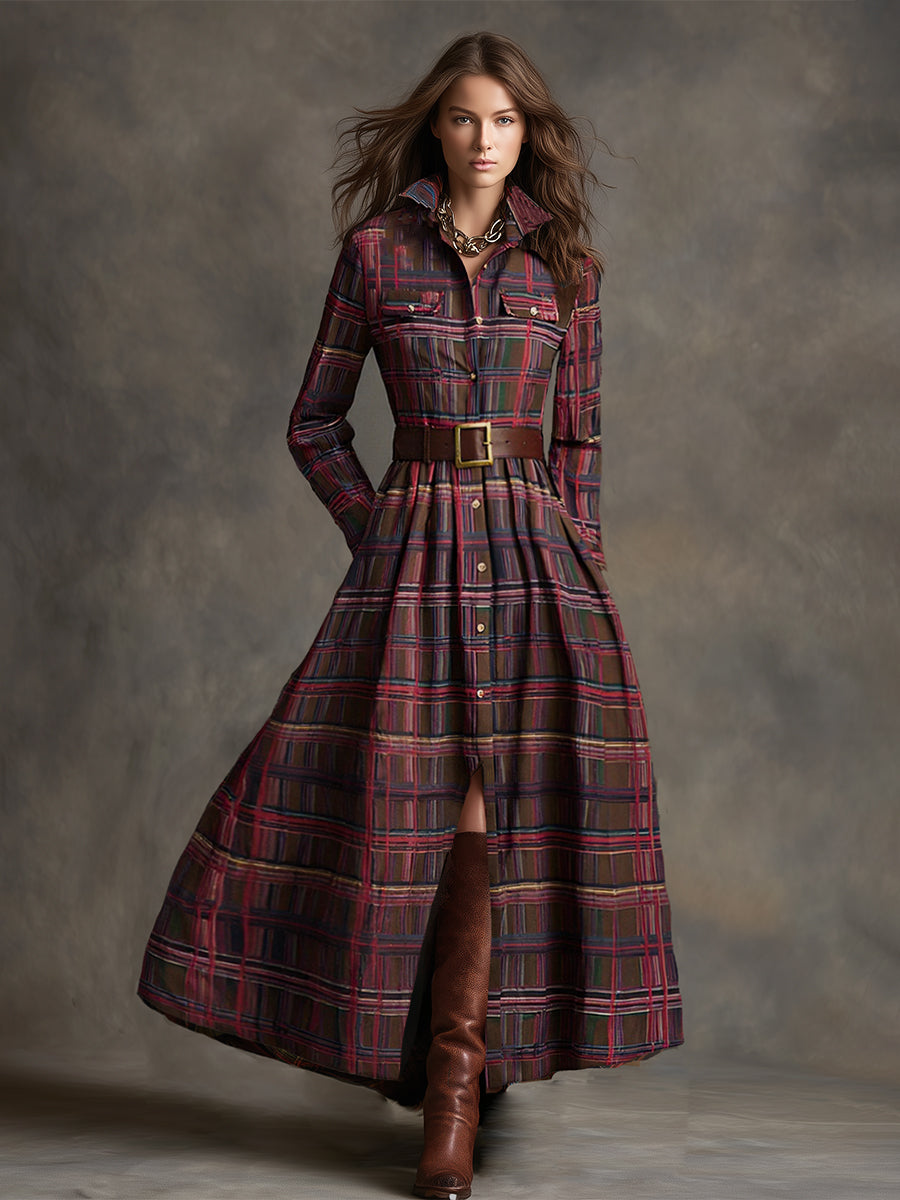 Vestido Largo de Vaquera Étnica Retro para Mujer con Cuello, Cinturón y Mangas Largas – Marrón Rojizo
