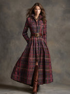 Vestido Largo de Vaquera Étnica Retro para Mujer con Cuello, Cinturón y Mangas Largas – Marrón Rojizo