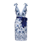 Conjunto de Traje de Baño de Una Pieza Con Escote En V, Cordones y Estampado Floral & Falda larga - Vacaciones En La Playa, Resort, Fiesta En La Piscina, Crucero, Luna de Miel – Azul