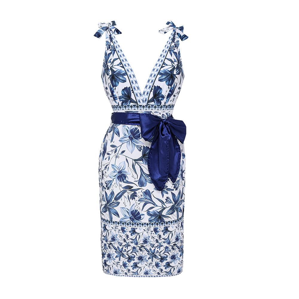Conjunto de Traje de Baño de Una Pieza Con Escote En V, Cordones y Estampado Floral & Falda larga - Vacaciones En La Playa, Resort, Fiesta En La Piscina, Crucero, Luna de Miel – Azul