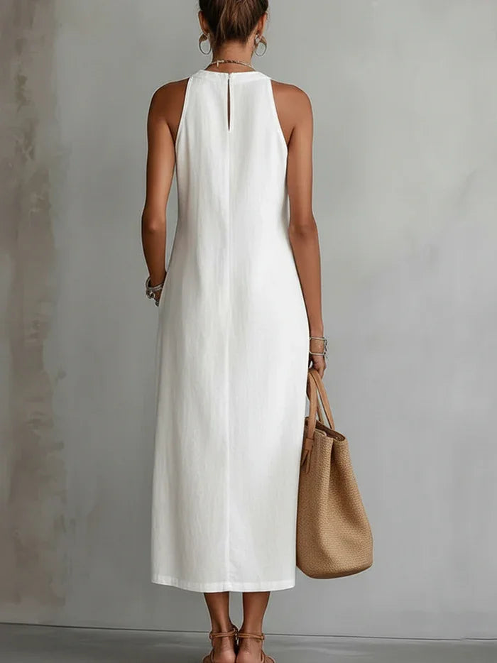 Vestido Midi de Lino Minimalista Retro para Mujer Sin Mangas Cuello Alto Detalle de Encaje Casual Verano Playa Vacaciones Diario – Celeste