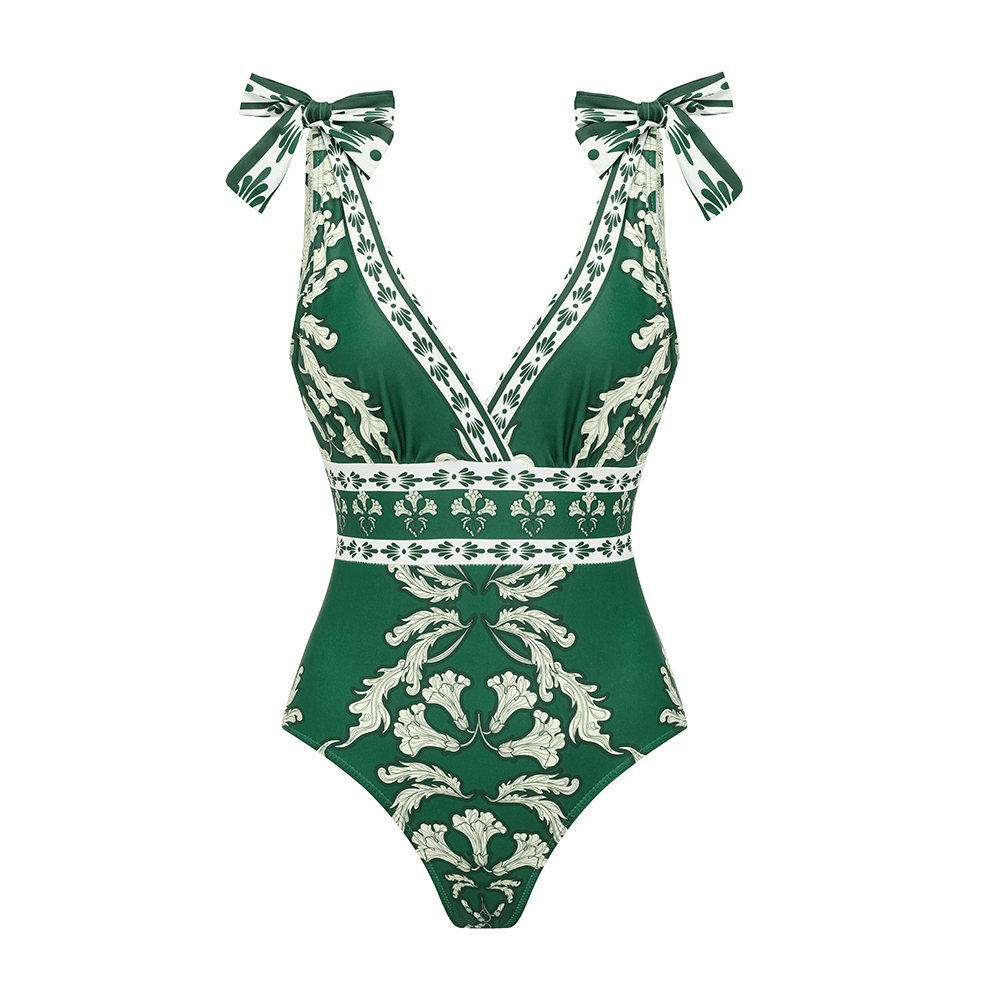Conjunto de traje de baño de una pieza con escote en V, cordones y falda larga impresa para mujeres – Verde Floral