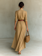 Vestido Largo de Vaquera Elegante para Mujeres con Solapa y Cierre de Un Solo Botón, Cintura con Cinturón, Manga Larga, Casual – Camel