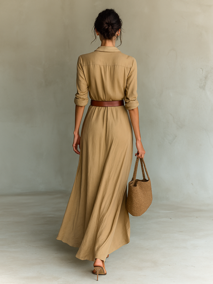 Vestido Largo de Vaquera Elegante para Mujeres con Solapa y Cierre de Un Solo Botón, Cintura con Cinturón, Manga Larga, Casual – Camel