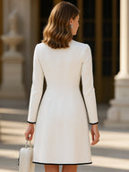 Vestido Midi de Vaquera Elegante para Mujeres con Color Bloqueado de Lana Sintética, Cuello Redondo, Botones – Blanco Marfil