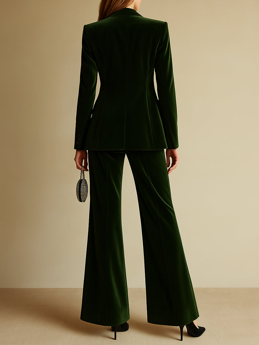 Traje de Dos Piezas de Terciopelo de Alta Gama para Mujeres con Blazer de Solapa Notch y Pantalones de Pierna Ancha Retro Elegante – Verde