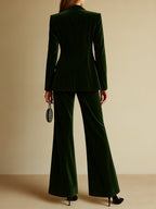 Traje de Dos Piezas de Terciopelo de Alta Gama para Mujeres con Blazer de Solapa Notch y Pantalones de Pierna Ancha Retro Elegante – Verde