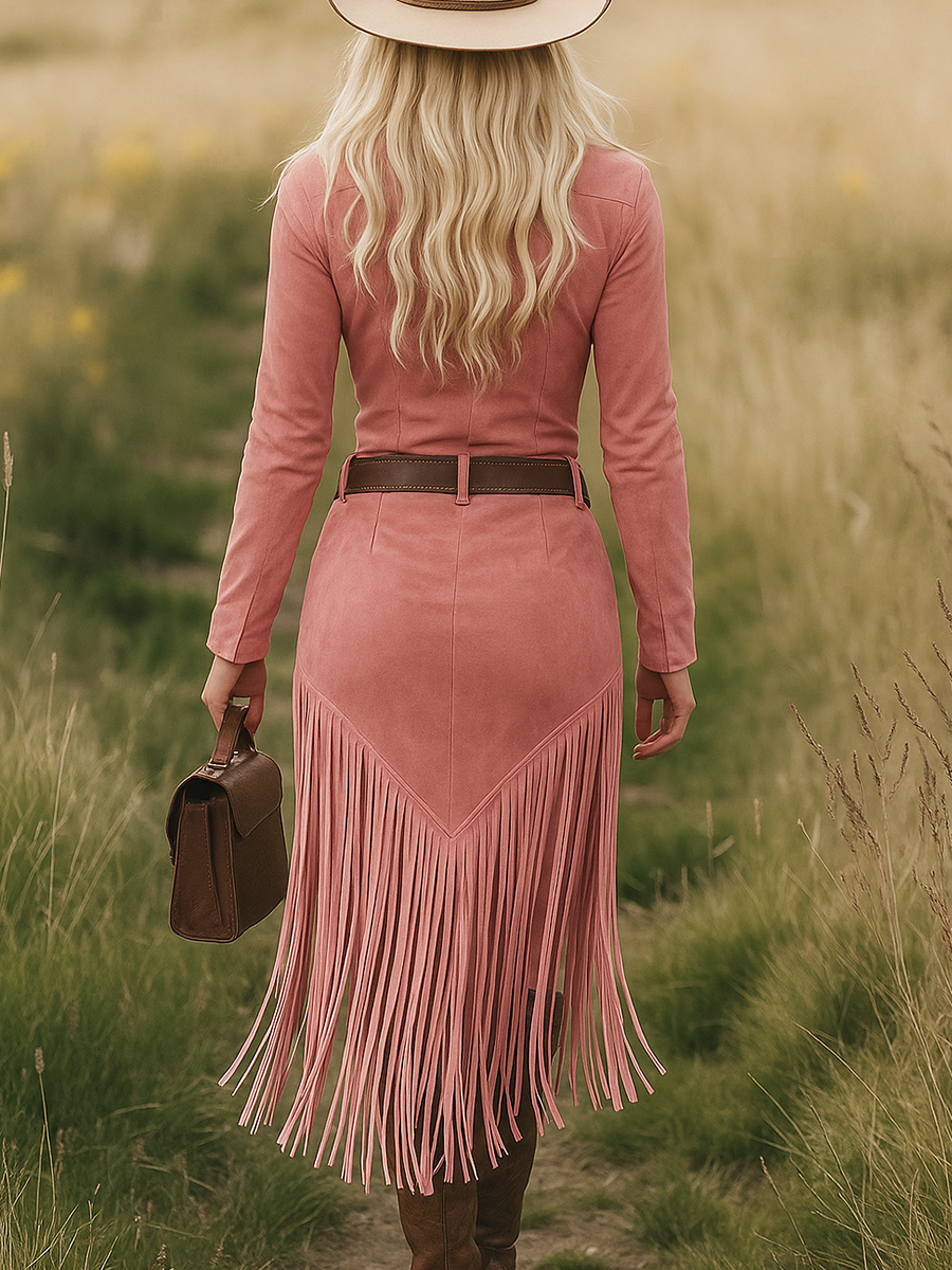 Vestido Midi de Suede Retro Western con Flecos y Borlas para Mujer, de Manga Larga, con Solapa, Cierre de Cremallera, Cinturón y Ajuste Slim – Marrón Claro