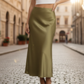 Falda de Satén para Mujer Elegante Casual Trabajo Oficina Noche Cóctel Formal Fluida – Oliva