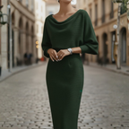 Vestido Midi Elegante de Cuello Cowl para Mujer con Mangas Largas Formal Trabajo Oficina Cóctel Invitada de Boda – Gris Negro Beige Azul