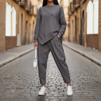 Conjunto de Camiseta y Pantalones de Dos Piezas de Tejido para Mujeres - Ropa Casual de Uso Diario, Ropa de Casa, Estilo Urbano, Conjunto Cómodo y Oversized – Negro, Gris, Blanco
