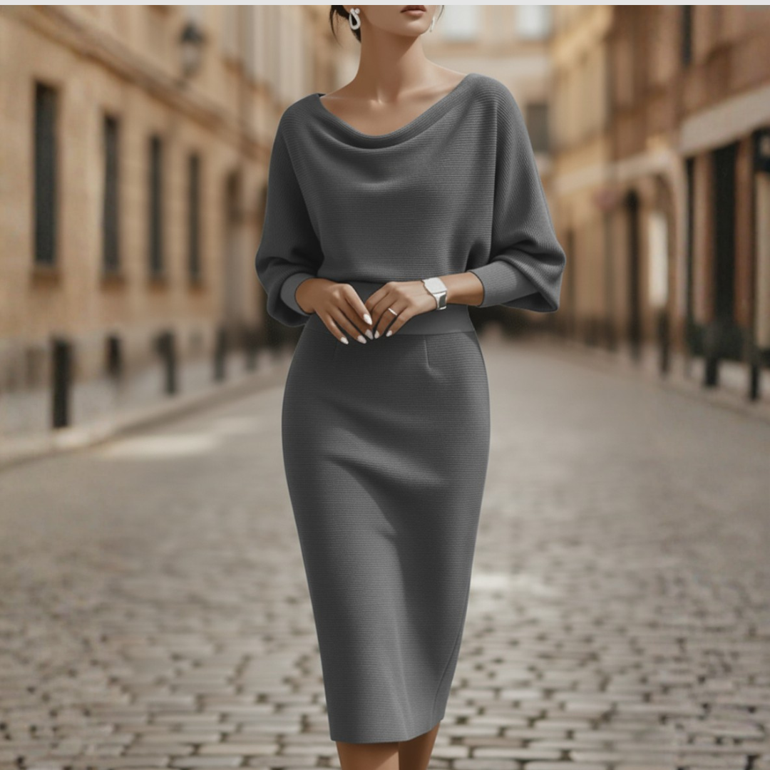 Vestido Midi Elegante de Cuello Cowl para Mujer con Mangas Largas Formal Trabajo Oficina Cóctel Invitada de Boda – Gris Negro Beige Azul